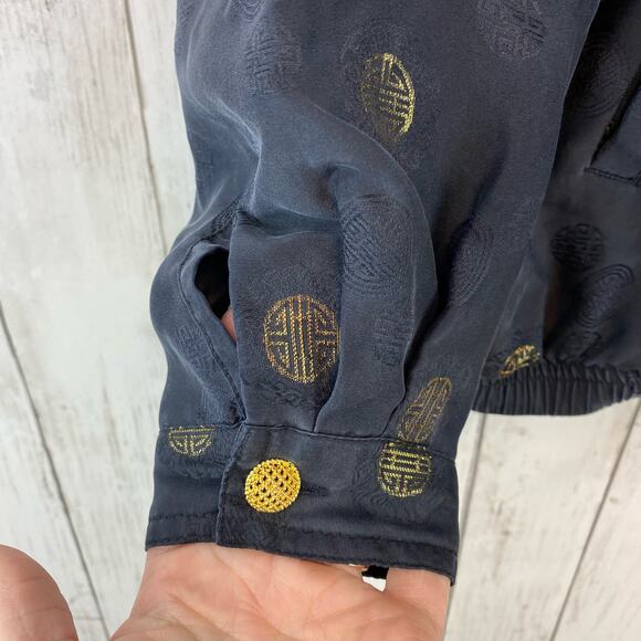 VTG Mureli Women's Black Gold Printed Silk Bomber Windbreaker Jacket Size Large - Picture 6 of 12